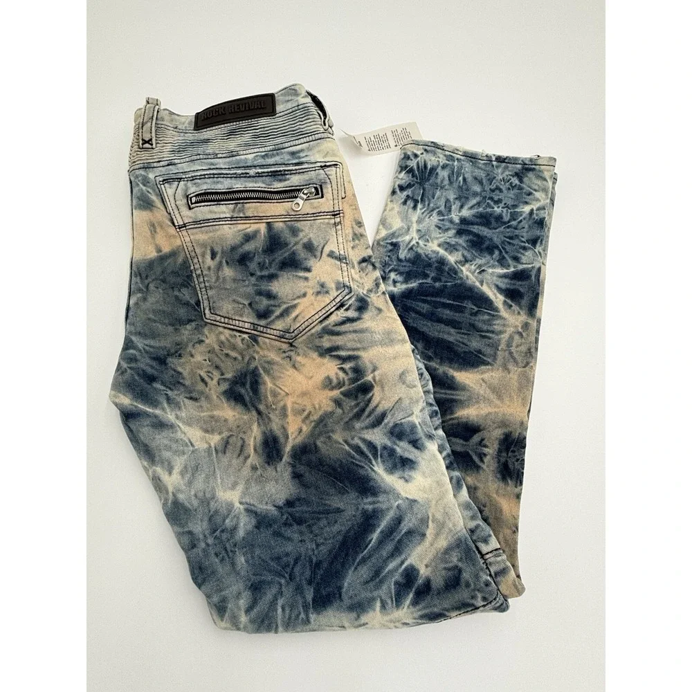 ROCK REVIVAL Daviday Moto Blue Acid Wash Distressed Jeans 34 x 32 Brand New